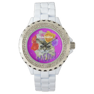 Cute Cat Flowery Rose Headdress Meow Personalised Watch