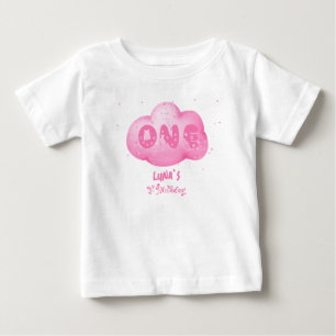 Cute Cat Font Watercolor Pink Cloud 1st Birthday Baby T-Shirt