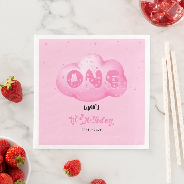 Cute Cat Font Watercolor Pink Cloud 1st Birthday Napkin (Insitu)