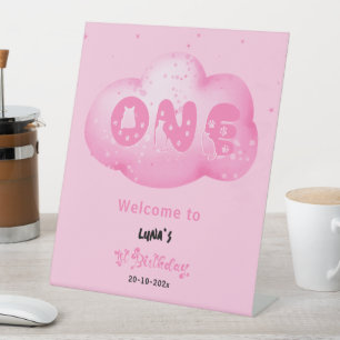 Cute Cat Font Watercolor Pink Cloud 1st Birthday Pedestal Sign