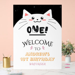 Cute Cat Frame Sparkling Star 1st Birthday Welcome Acrylic Sign