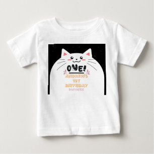 Cute Cat Frame Sparkling Stars 1st Birthday Baby T-Shirt