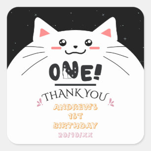 Cute Cat Frame Sparkling Stars 1st Birthday Square Sticker