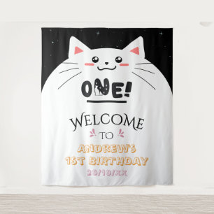 Cute Cat Frame Sparkling Stars 1st Birthday Tapestry