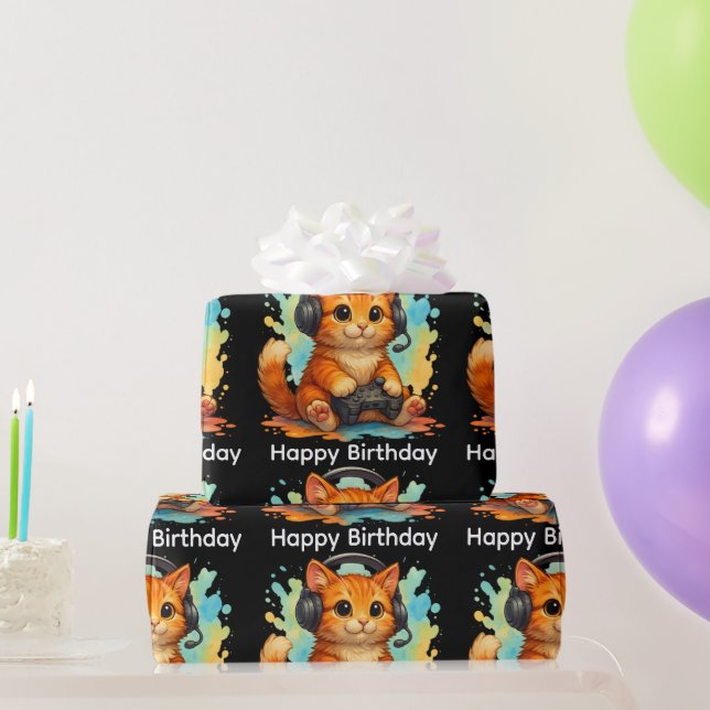 cute cat gamer birthday gift wrapping paper  (Party Gifts)