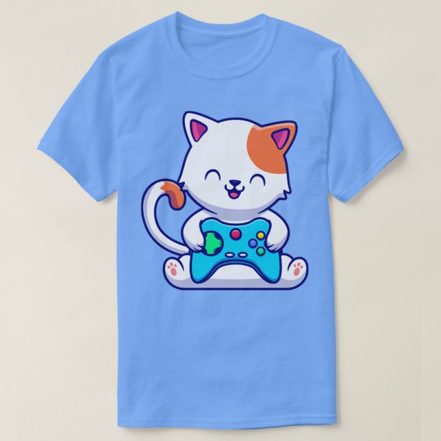 Cute Cat Gaming With Game Console T-Shirt (Design Front)