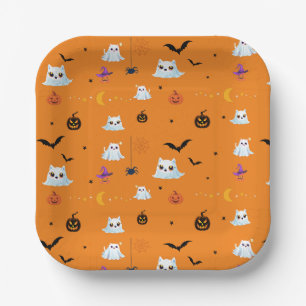 Cute Cat ghost sheet Halloween pumpkin party Paper Plate