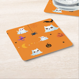 Cute Cat ghost sheet Halloween pumpkin party  Square Paper Coaster