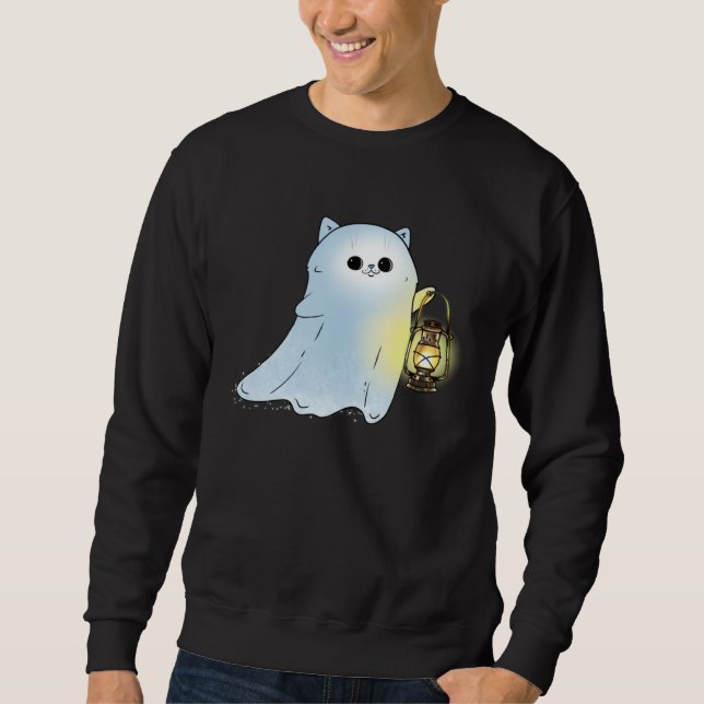 Cute Cat Ghost With Lantern Spook Phantom Hallowee Sweatshirt (Front)