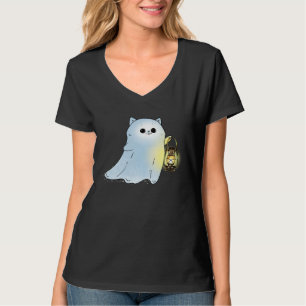 Cute Cat Ghost With Lantern Spook Phantom Hallowee T-Shirt