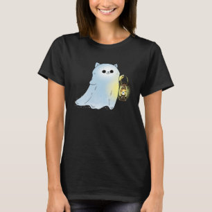 Cute Cat Ghost With Lantern Spook Phantom Hallowee T-Shirt