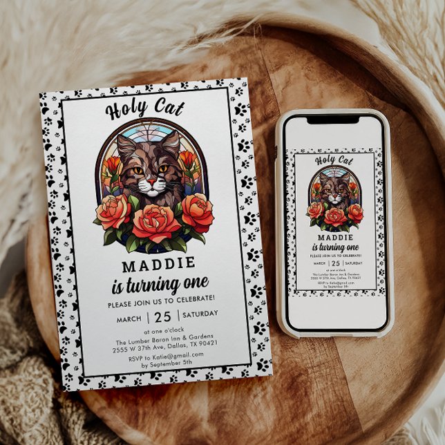 Cute Cat Girl First Birthday Invitation (Creator Uploaded)