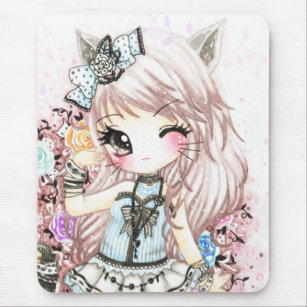 Cute cat girl in lolita style mouse pad