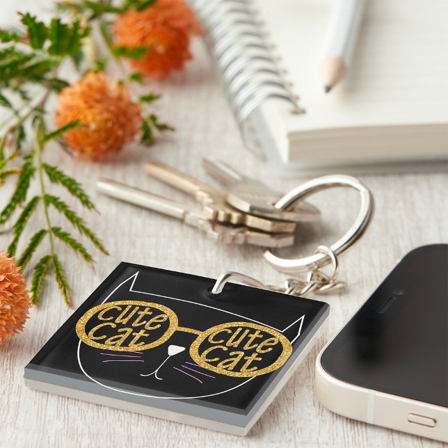 Cute Cat Glasses Graphic Gold Glitter Kitty Face  Key Ring (Creator Uploaded)