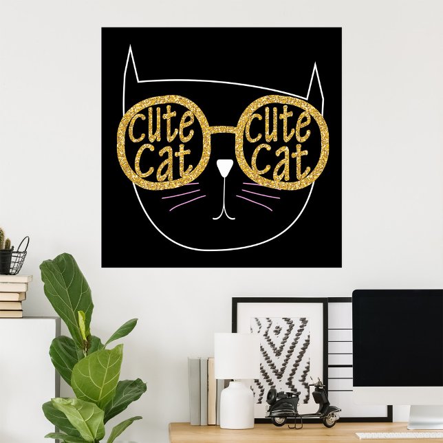 Cute Cat Glasses Graphic Gold Glitter Kitty Face  Poster (Creator Uploaded)