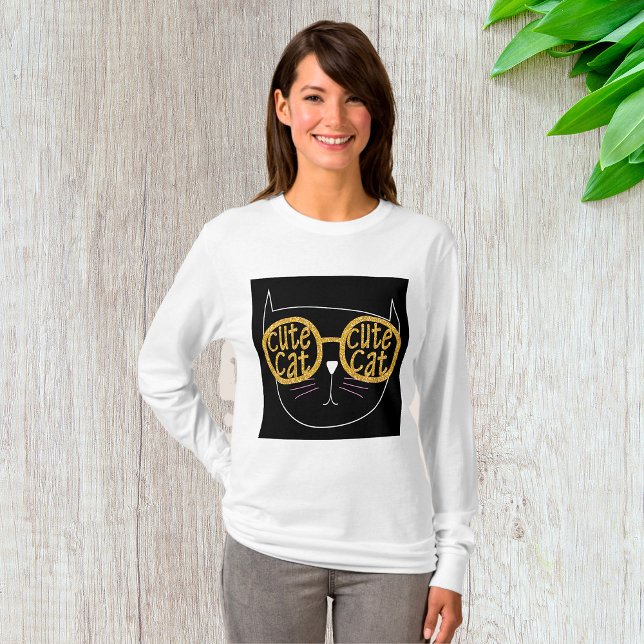 Cute Cat Glasses Graphic Gold Glitter Kitty Face  T-Shirt (Creator Uploaded)