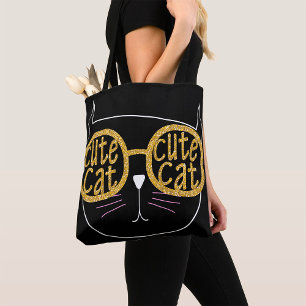 Cute Cat Glasses Graphic Gold Glitter Kitty Face Tote Bag