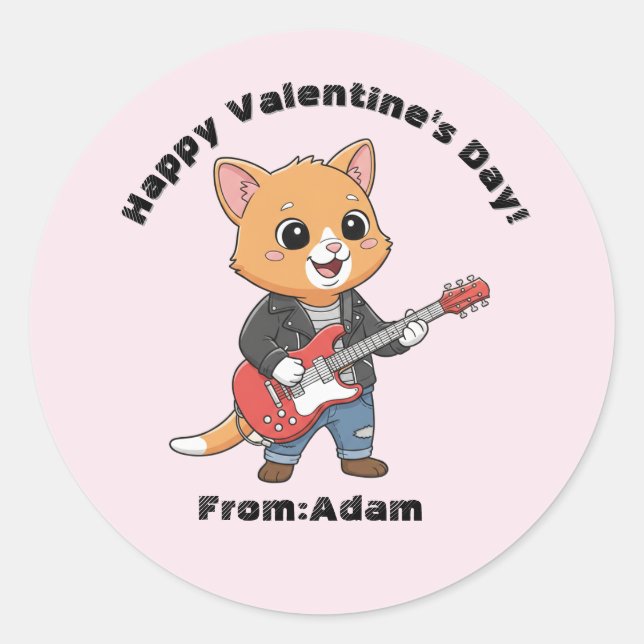 Cute cat guitar player  Valentine  Classic Round Sticker (Front)