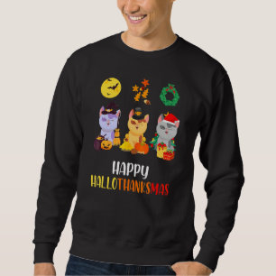 Cute Cat Halloween Christmas Happy Hallothanksmas Sweatshirt