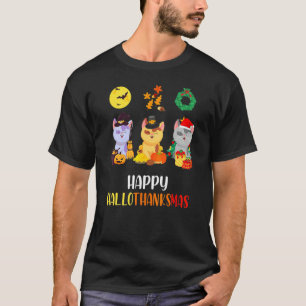 Cute Cat Halloween Christmas Happy Hallothanksmas T-Shirt