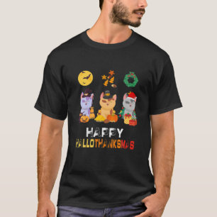 Cute Cat Halloween Christmas Happy Hallothanksmas T-Shirt