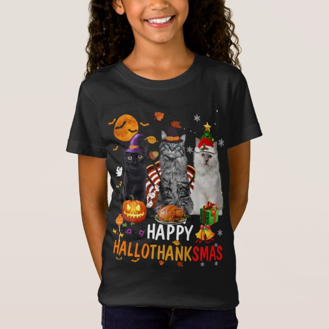 Cute Cat Halloween Merry Christmas Happy Hallothan T-Shirt (Front)