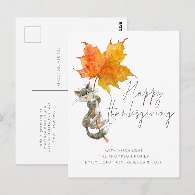 Cute Cat Handwritten Script Happy Thanksgiving Postcard (Front/Back)