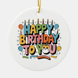 Cute Cat Happy Birthday Ceramic Tree Decoration