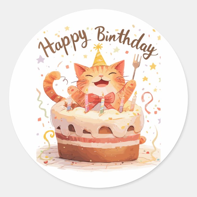 Cute Cat Happy Birthday Classic Round Sticker (Front)
