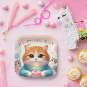Cute Cat Happy Birthday Paper Plate