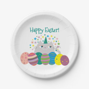 Cute Cat Happy Easter Paper Plate