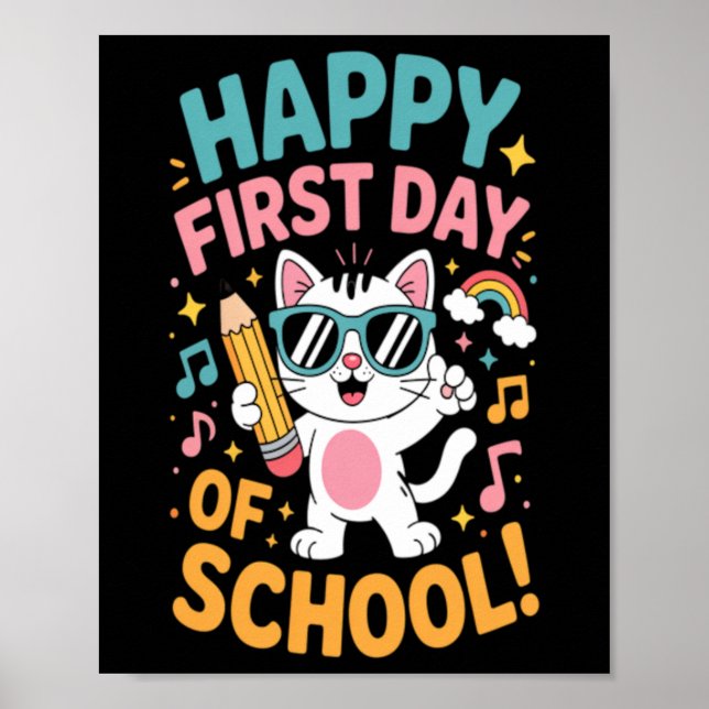 Cute Cat Happy First Day Of School Back To School Poster (Front)