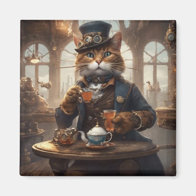 Cute cat having tea magnet (Front)