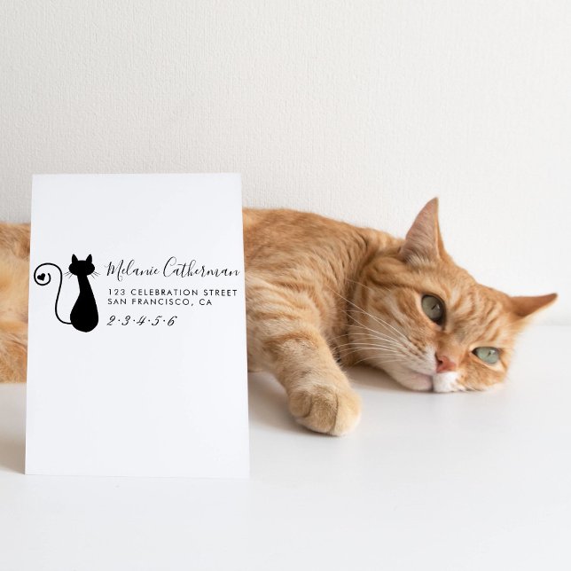 Cute Cat & Heart | Custom Name & Return Address Rubber Stamp (Creator Uploaded)