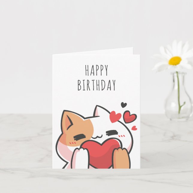 Cute cat heart happy birthday card (Small Plant)