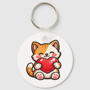 Cute Cat Heart – Kawaii Cat Hugging Red Heart, Cut Key Ring