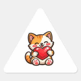 Cute Cat Heart – Kawaii Cat Hugging Red Heart, Cut Triangle Sticker