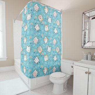 Cute Cat Heart Rainbow Paw Fish Light Blue Themed Shower Curtain