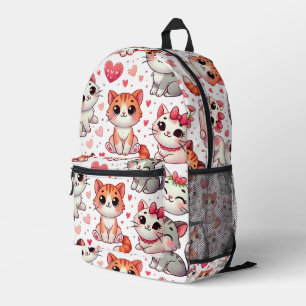 Cute Cat & Hearts Pattern Backpack – Pink & Red