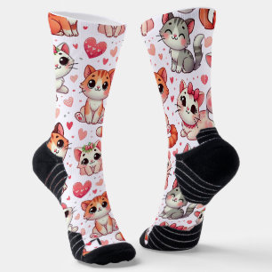 Cute Cat & Hearts Pattern Socks – Pink & Red