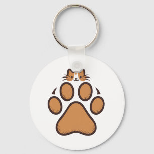 Cute Cat Hiding in Paw Print - Illustration  Key Ring