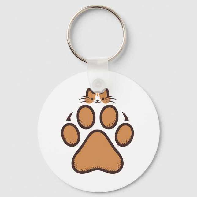 Cute Cat Hiding in Paw Print - Illustration  Key Ring (Front)