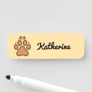 Cute Cat Hiding in Paw Print - Illustration Name Tag