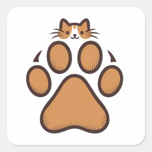 Cute Cat Hiding in Paw Print - Illustration Square Sticker