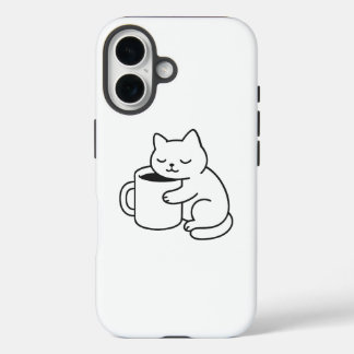 Cute Cat Holding Coffee Minimal iPhone 16 Case