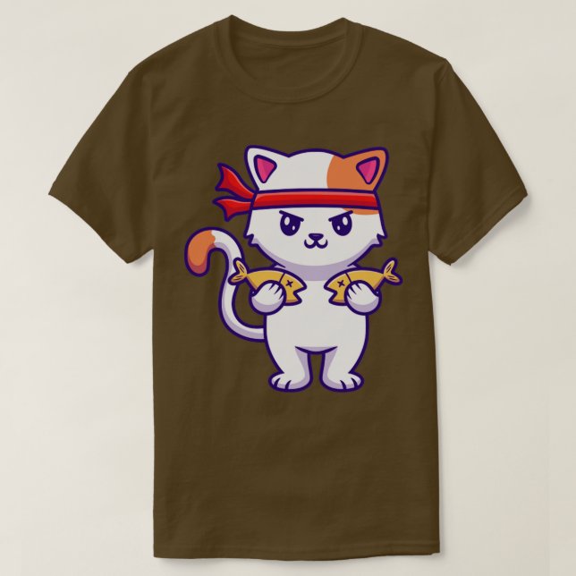 Cute Cat Holding Fish 1 T-Shirt (Design Front)