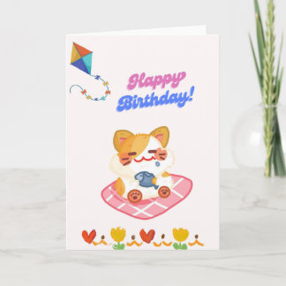 Cute Cat Holding Fish Happy Birthday Card - Funny 