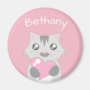 Cute Cat Holding Pink Heart Magnet