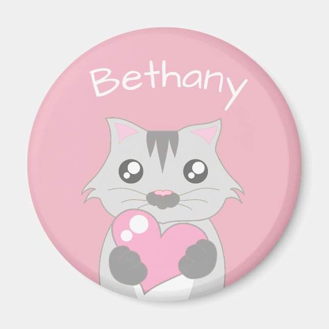 Cute Cat Holding Pink Heart Magnet (Front)