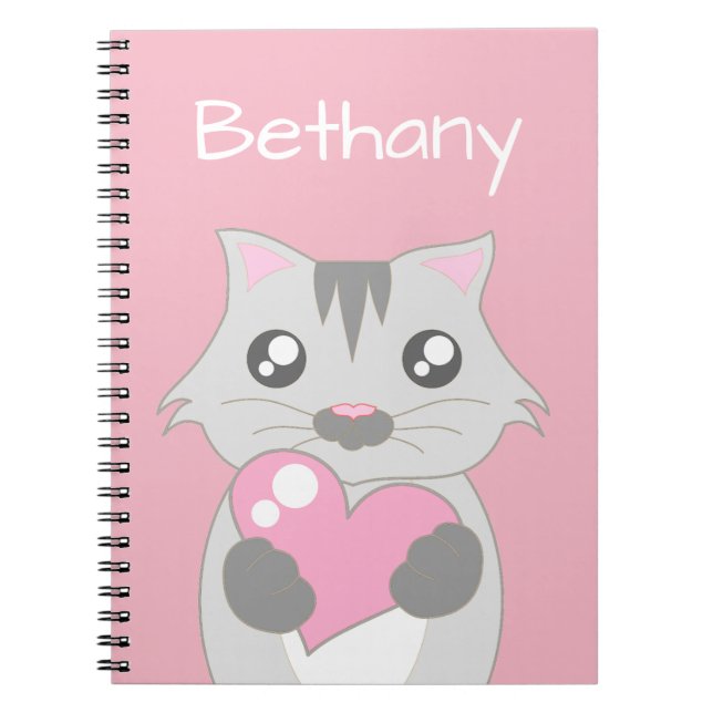 Cute Cat Holding Pink Heart Personalised Notebook (Front)